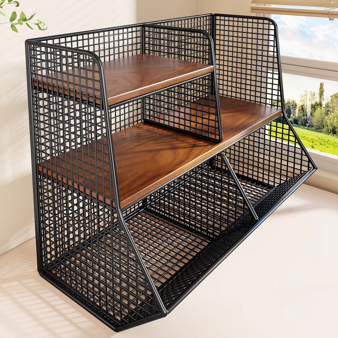 Multi-Tier Wire Mesh Countertop Pantry Organizer with Wood Shelves and Basket