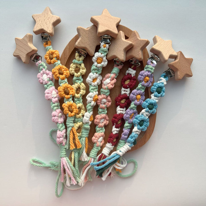 Cotton Crochet Floral Pacifier and Teether Clip with Wooden Heart Safety Clip