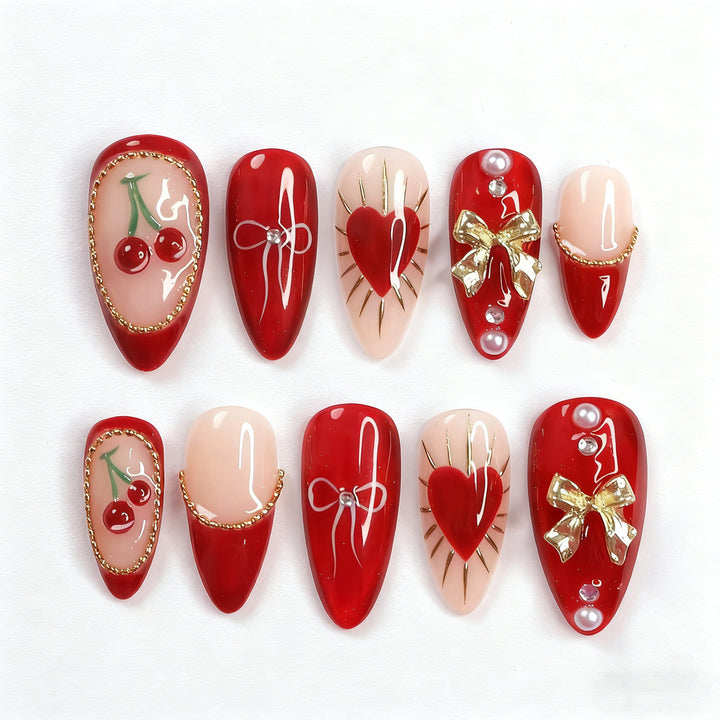Decorative Heart and Cherry Press-On Nail Art Kalsten