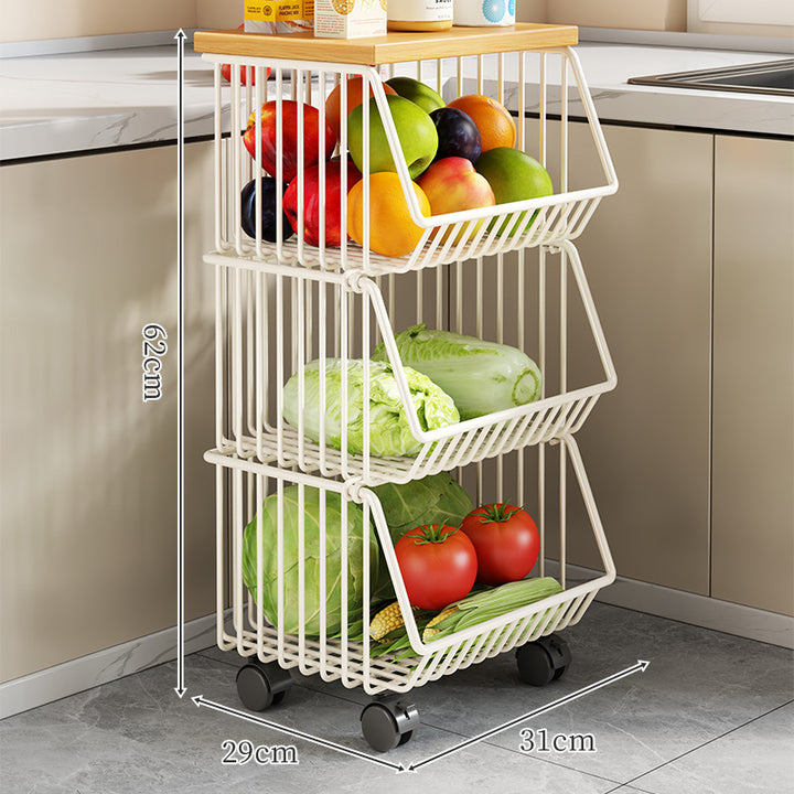Countertop Wooden Top Metal Wire Fruit and Vegetable Storage Rack
