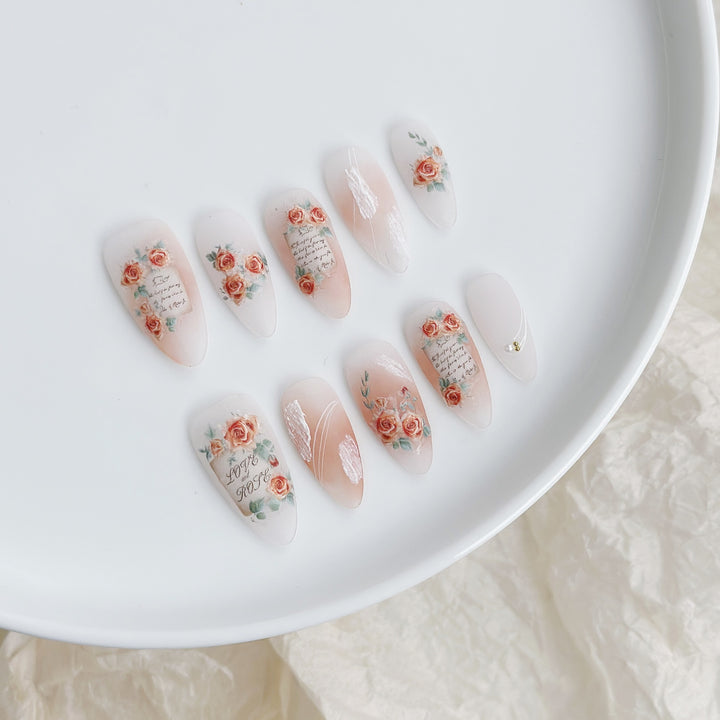 Artistic Press-On Nail Set with Floral and Text Design