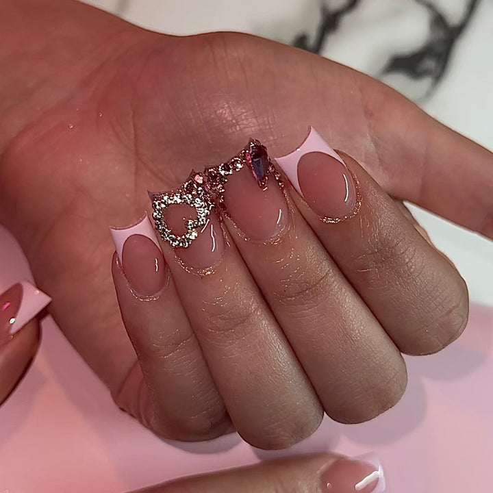 Decorative French Tip Nail Art Set with Gem Accents