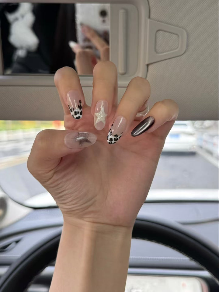 Artistic Press-On Nail Art Set with Star and Animal Prints