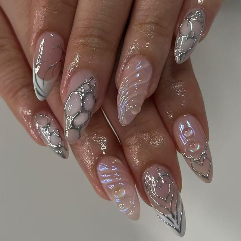 Stylish Long Stiletto Press-On Nails with Iridescent Design Kalsten