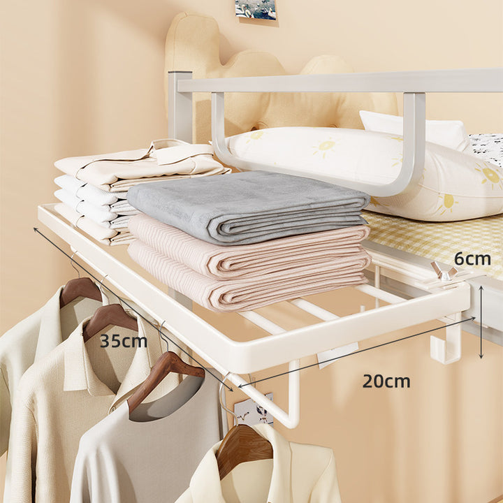 Bed Frame Mounted Slide-Out Clothes and Linen Shelf with Retractable Hanging Rail