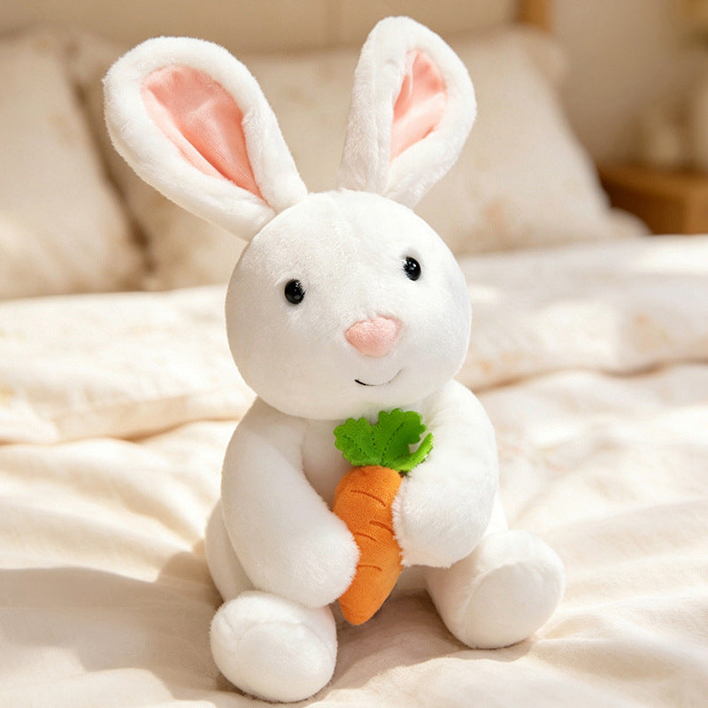Plush Floral-Lined Ear Bunny Stuffed Toy with Embroidered Face and Curly Faux Fur Kalsten