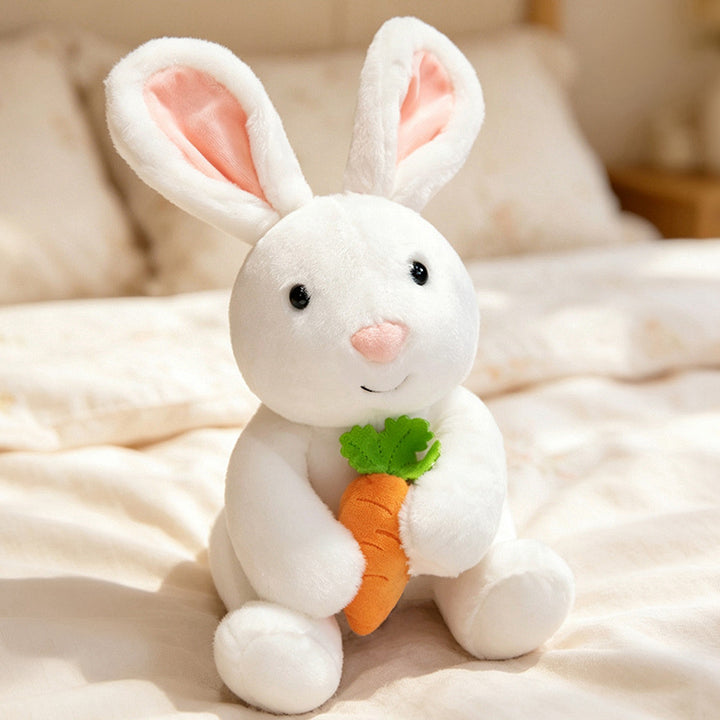 Plush Floral-Lined Ear Bunny Stuffed Toy with Embroidered Face and Curly Faux Fur Kalsten