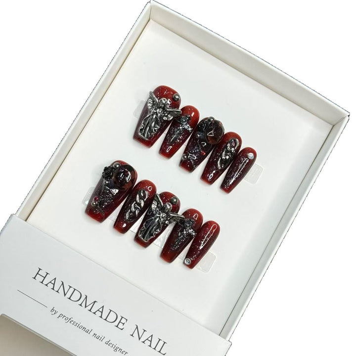 Artistic Press-On Nail Set with 3D Gothic Accents