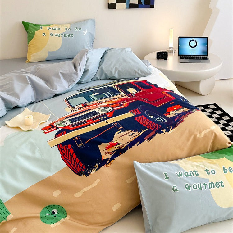 Children's bedding set with off-road jeep adventure illustration and soft cotton mix