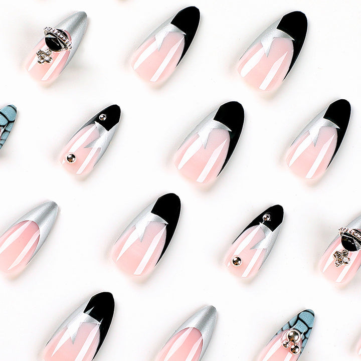 Artful acrylic nails with elegant 3D decorations and glitter effects Kalsten