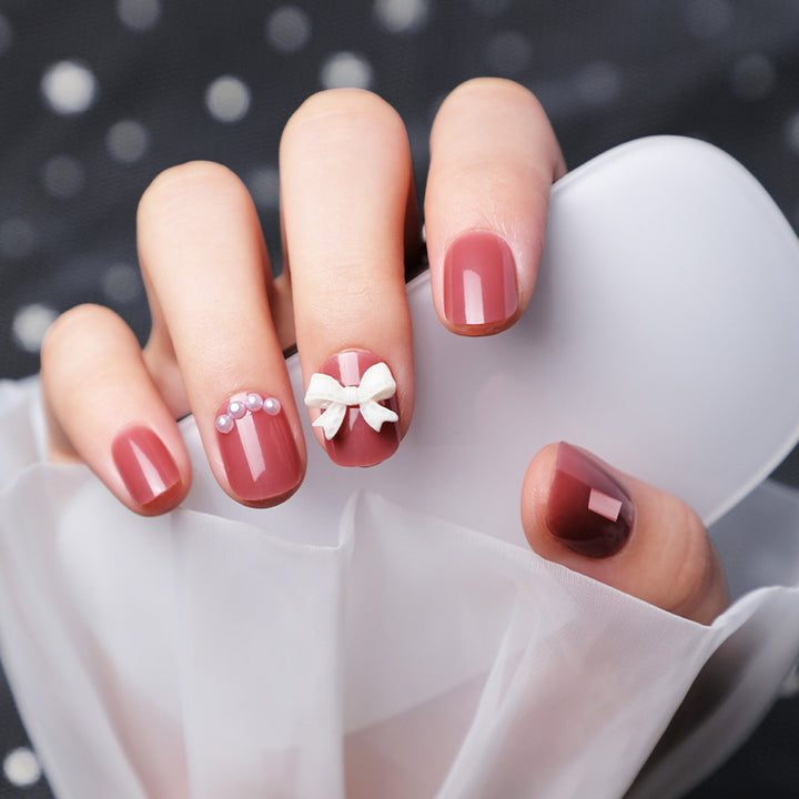 Decorative Press-On Nail Art Set with Bow and Pearl Accents