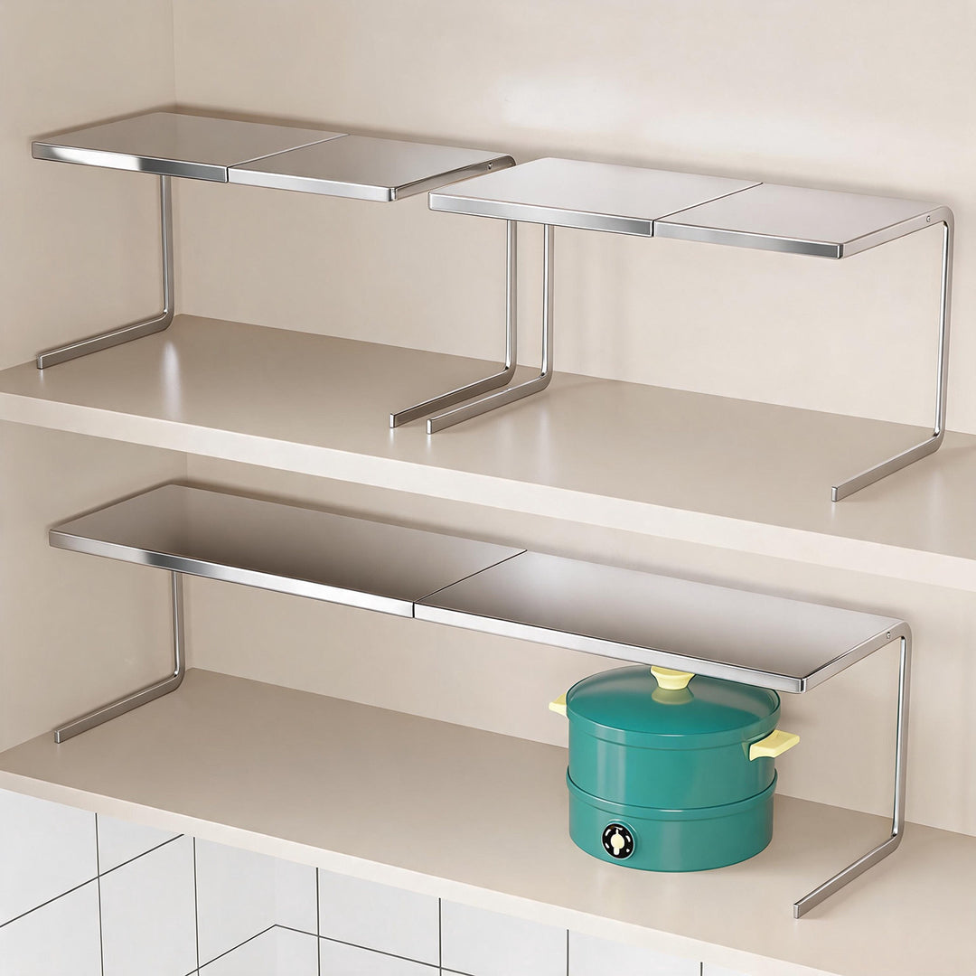 Compact Space-Saving Kitchen Countertop Pot and Pan Organizer Shelf Riser