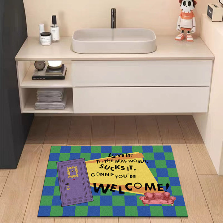 Retro Illustrated Welcome Doormat with Printed Door and Couch Design