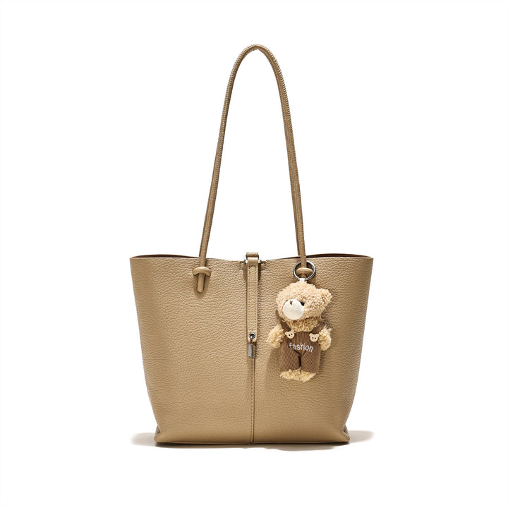 Chic Leather Tote Bag with Bear Charm
