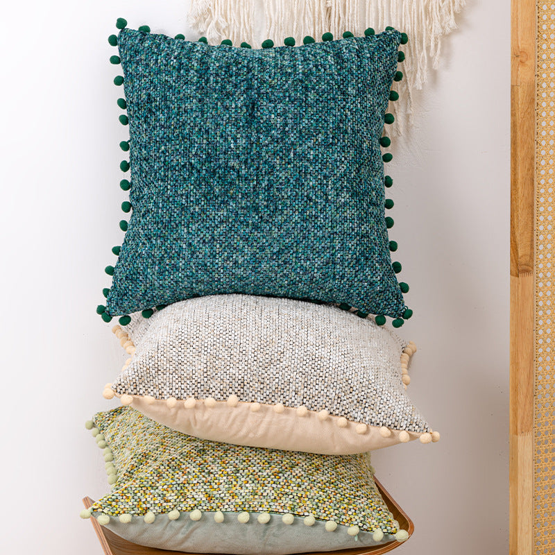 Decorative Textured Bouclé Throw Pillow Set with Pom-Pom Trim