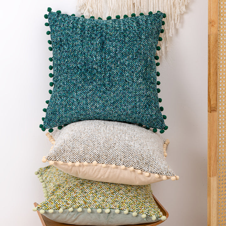 Decorative Textured Bouclé Throw Pillow Set with Pom-Pom Trim
