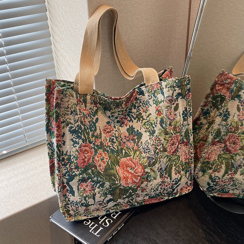Floral Embroidered Tapestry Tote Bag