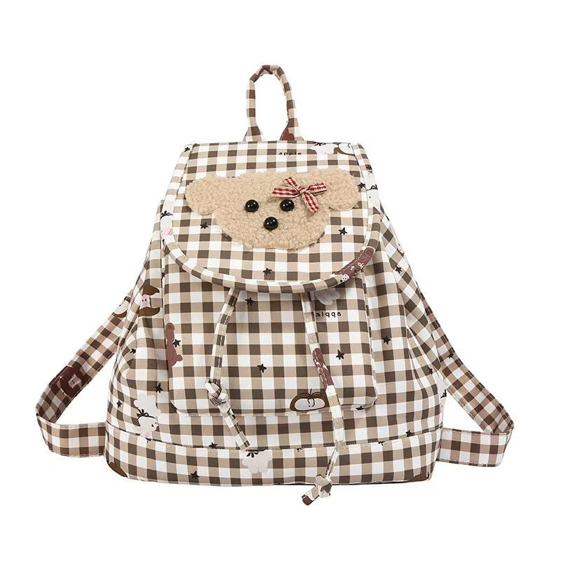 Backpack with Charming Plush Bear Motif and Playful Checkered Pattern Kalsten
