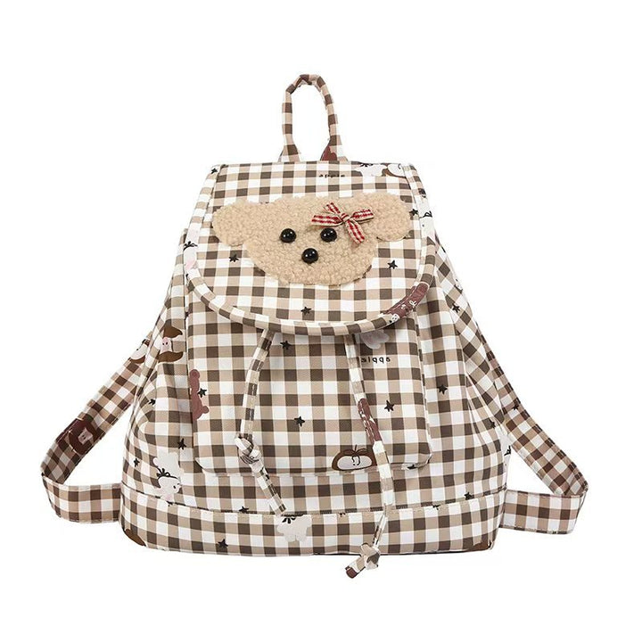 Backpack with Charming Plush Bear Motif and Playful Checkered Pattern Kalsten