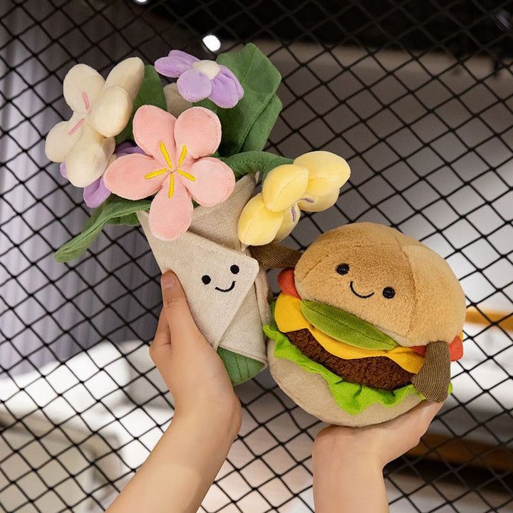 Plush Flower Bouquet Decorative Soft Toy with Embroidered Face and Removable Burlap Wrap Kalsten