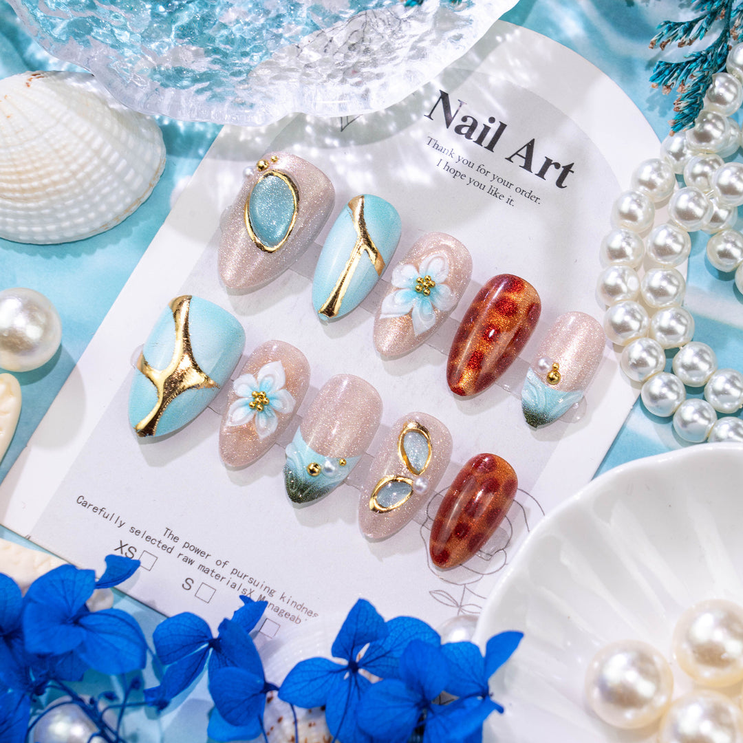 Artistic Press-On Nail Art Set with Floral and Geometric Features