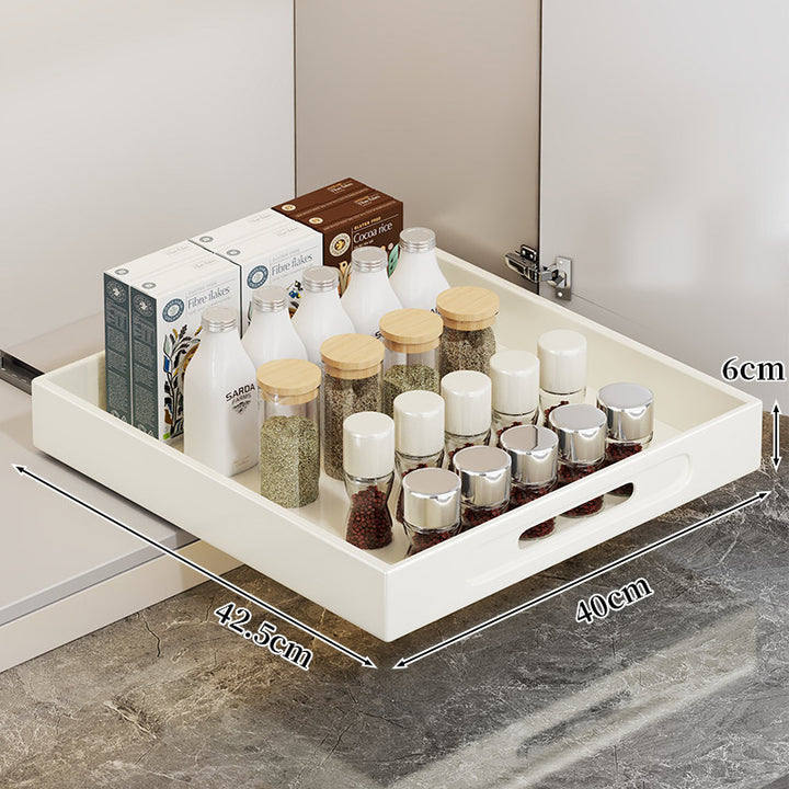 Slide-Out Cabinet Drawer Organizer Tray with Cutout Handle and Low-Profile Design