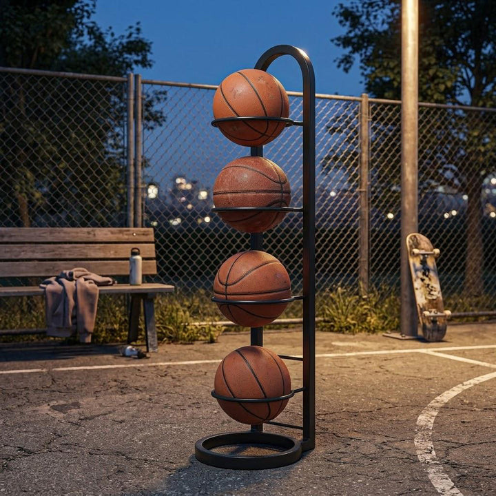 Vertical Sports Ball Storage Rack with Four Hoop Holders and Slim Metal Frame
