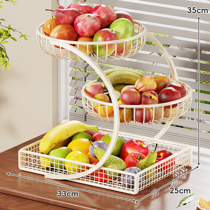 Three-Tier Gold Mesh Fruit Basket Countertop Organizer with Curved Frame