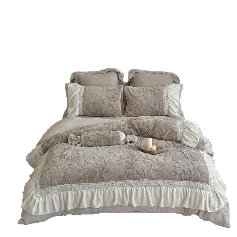 Romantic quilted bedding set with ruffle, floral relief, and neck roll