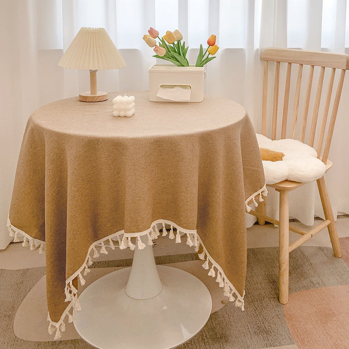 Round Textured Tassel-Trim Tablecloth with Linen-Feel Draped Finish