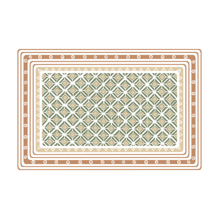 Round wipeable table mat made of PVC with non-slip back and retro geometric pattern