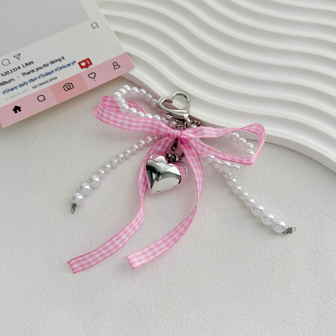 Heart-Shaped Charm Keychain with Pearls and Bow Kalsten