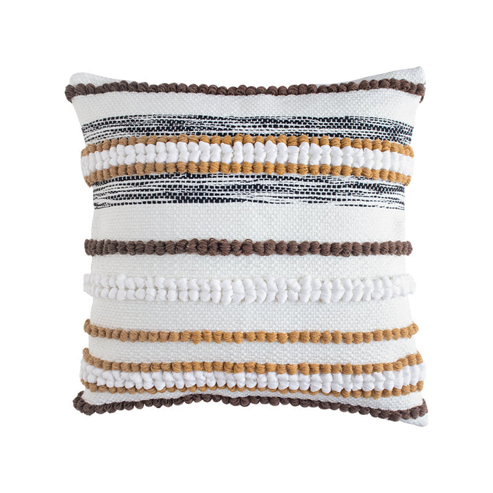 Embroidered square cushion cover made of cotton-linen with tufted flower appliqué