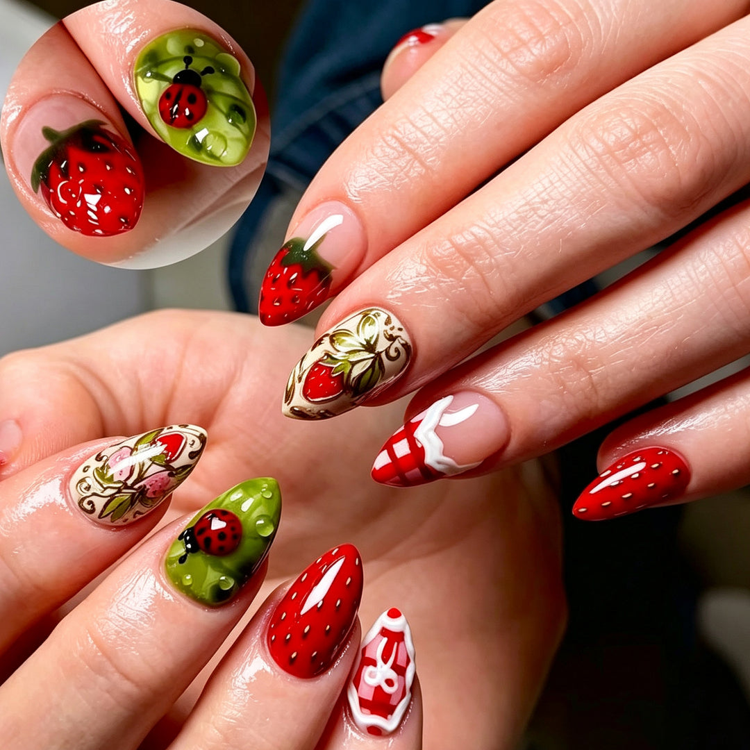 Artistic Strawberry-Themed Press-On Nail Art Set Kalsten