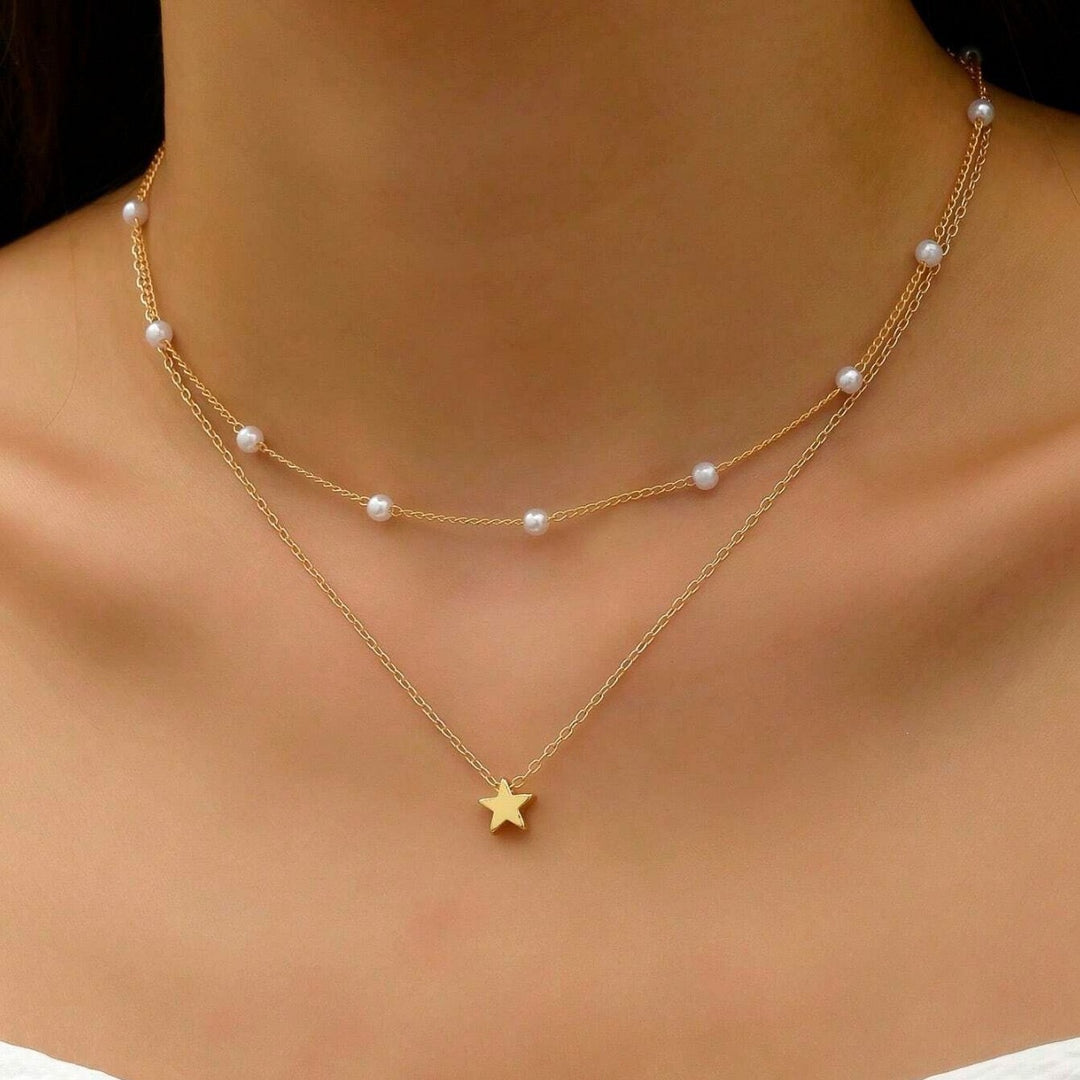 Layered Pearl and Star Pendant Necklace Kalsten