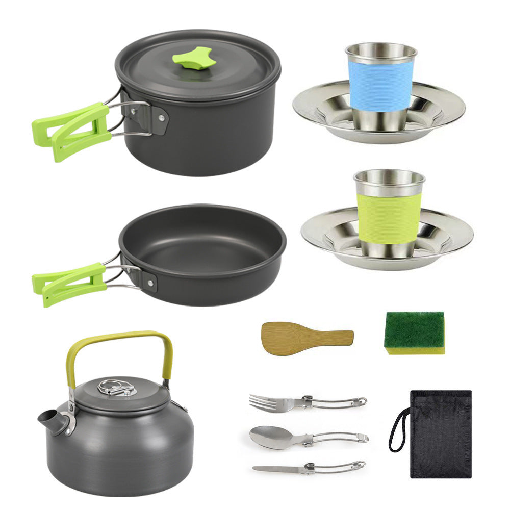 lightweight hard-anodized camping cookware set with folding handles compact kettle and stainless cup plates Kalsten