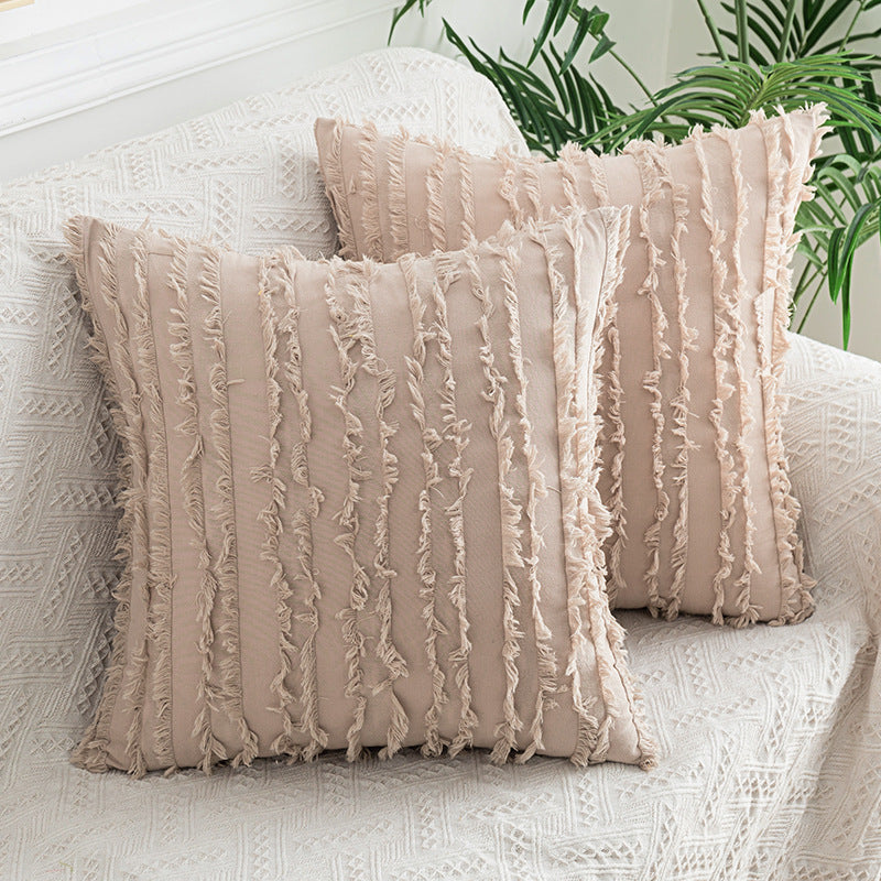 Decorative Fringed Textured Throw Pillow Cover Pair