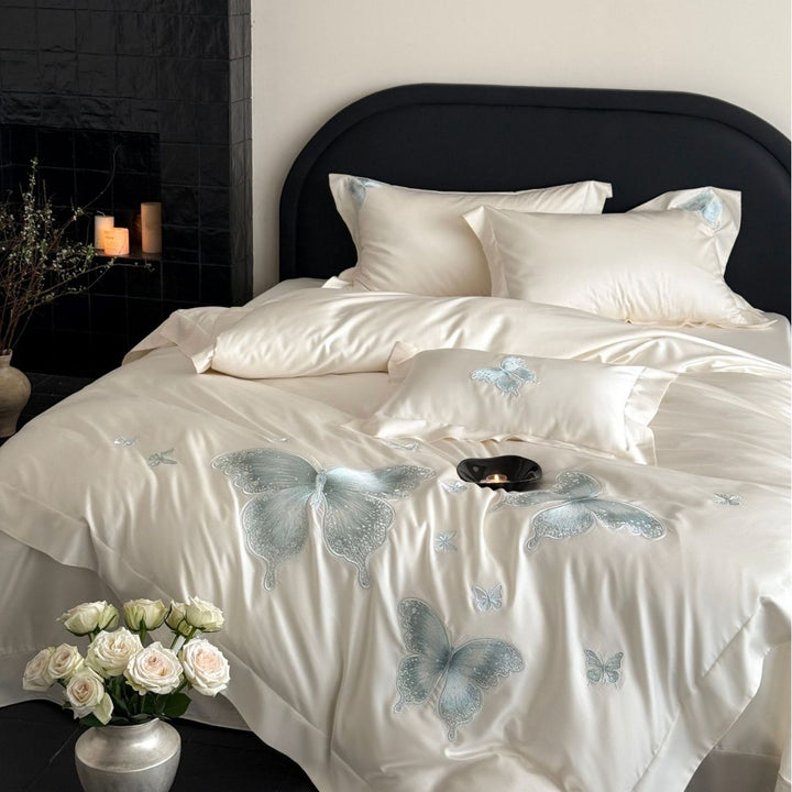 Elegant satin bed linen set with tonal butterfly embroidery