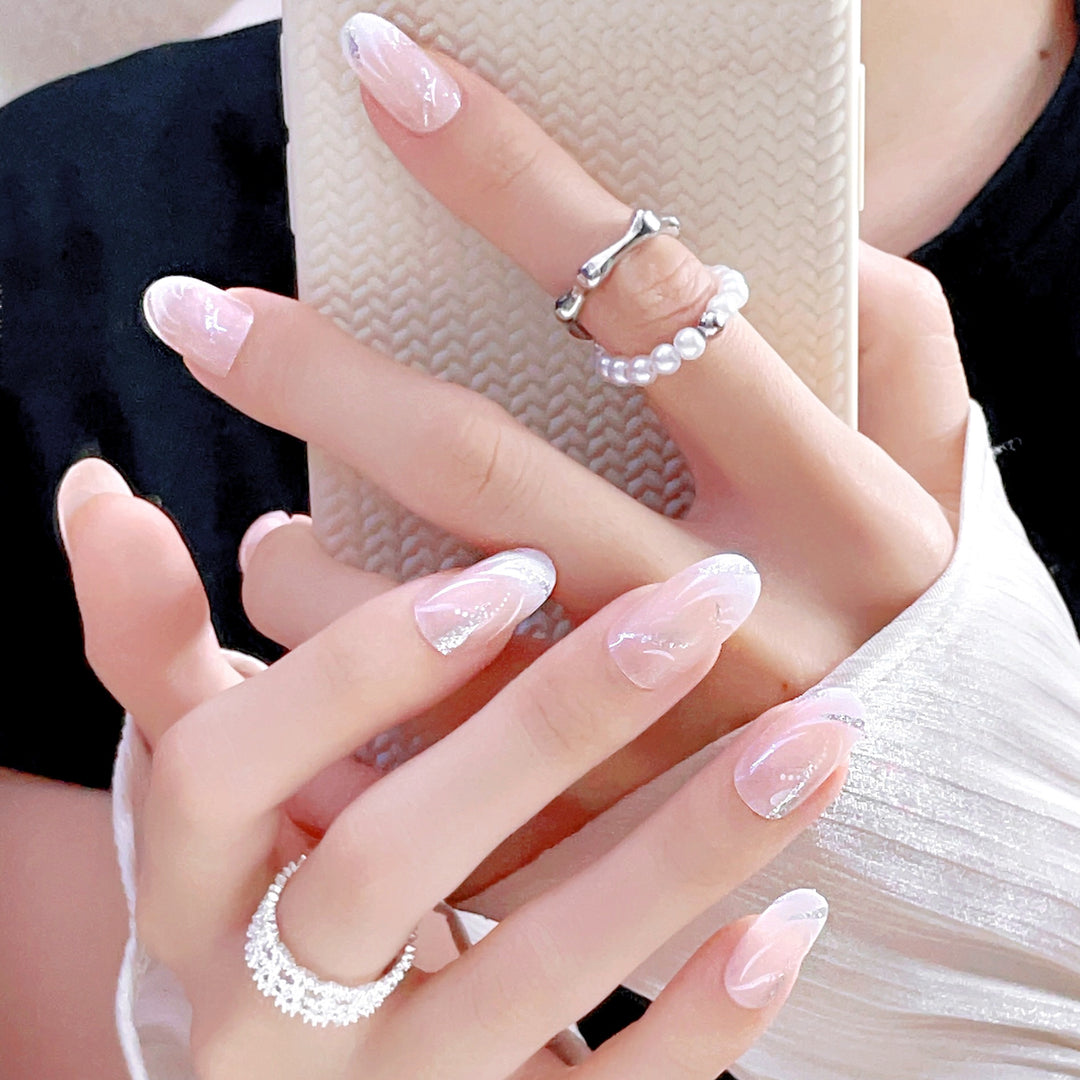 Elegant Press-On Nail Set with Rhinestone Details