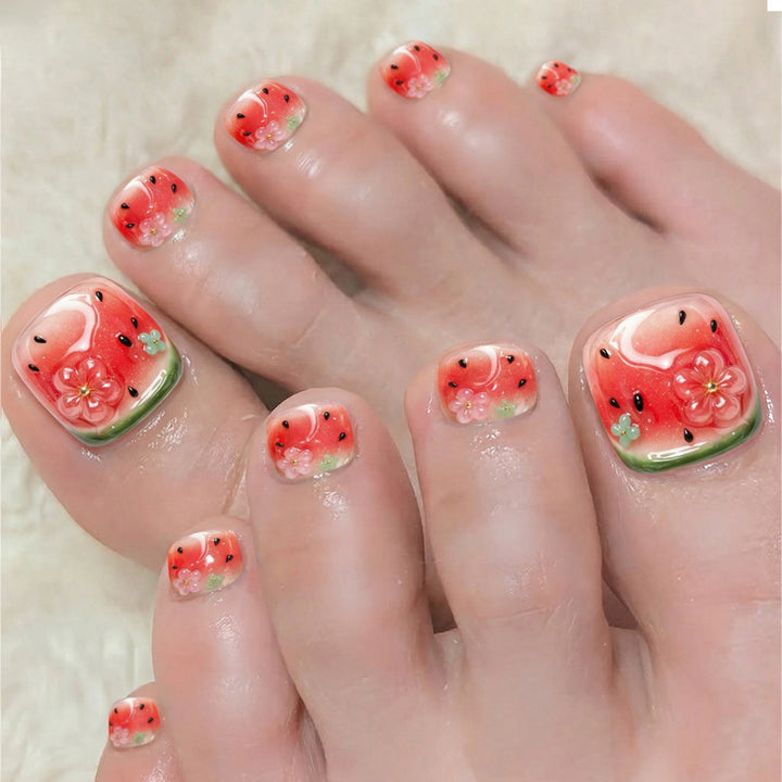 Creative nail art set with cheerful watermelon designs and delicate floral accents Kalsten