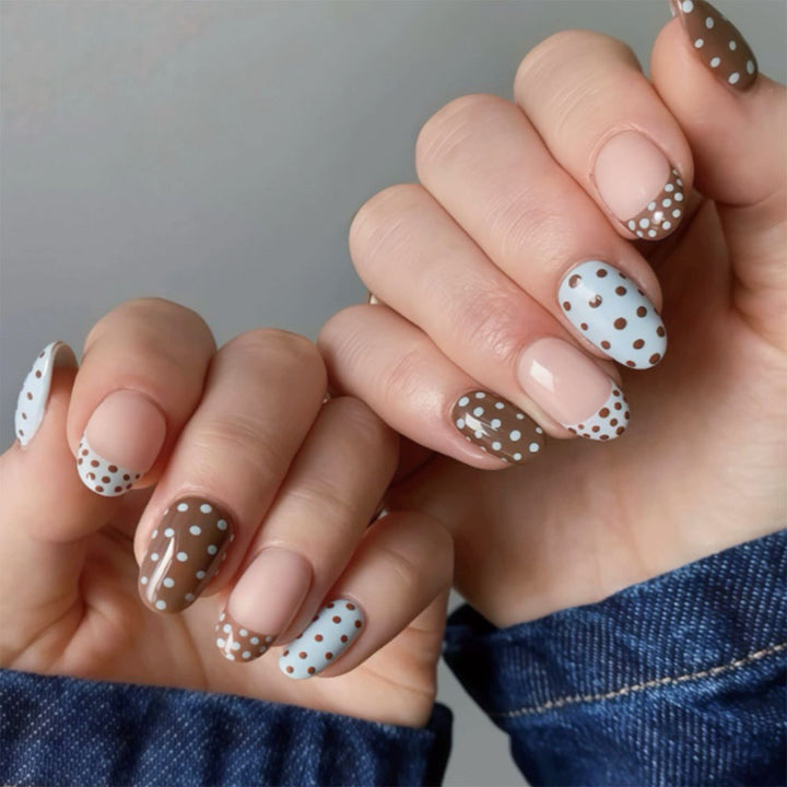 Decorative Press-On Nail Art with French Tip and Dot Design