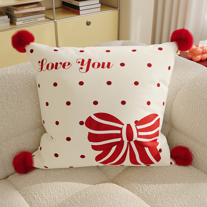 Decorative Cotton-Linen Square Throw Pillow with Pom-Pom Corners and Polka Dot Love Print