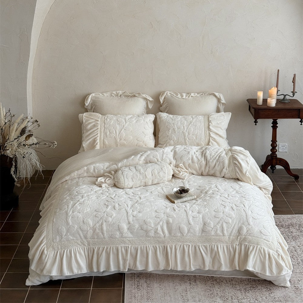 Romantic quilted bedding set with ruffle, floral relief, and neck roll