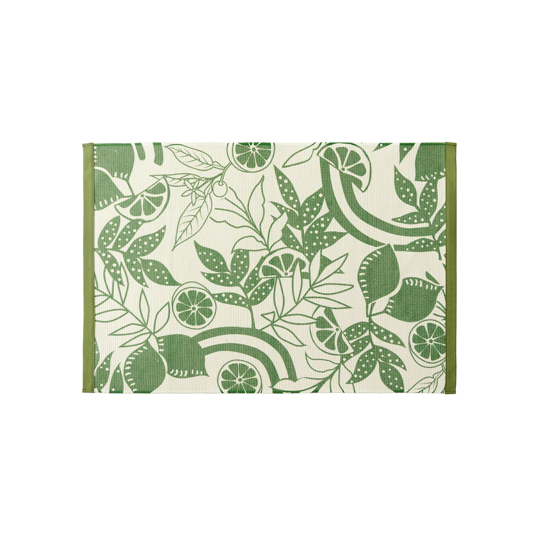 Woven table runner with floral vinyl print look and reinforced overlock stitching Kalsten