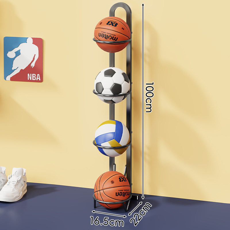 Vertical Sports Ball Storage Rack with Four Hoop Holders and Slim Metal Frame