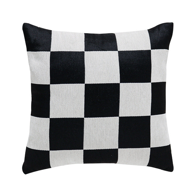 Square decorative cushion with woven checkered pattern and hidden zipper