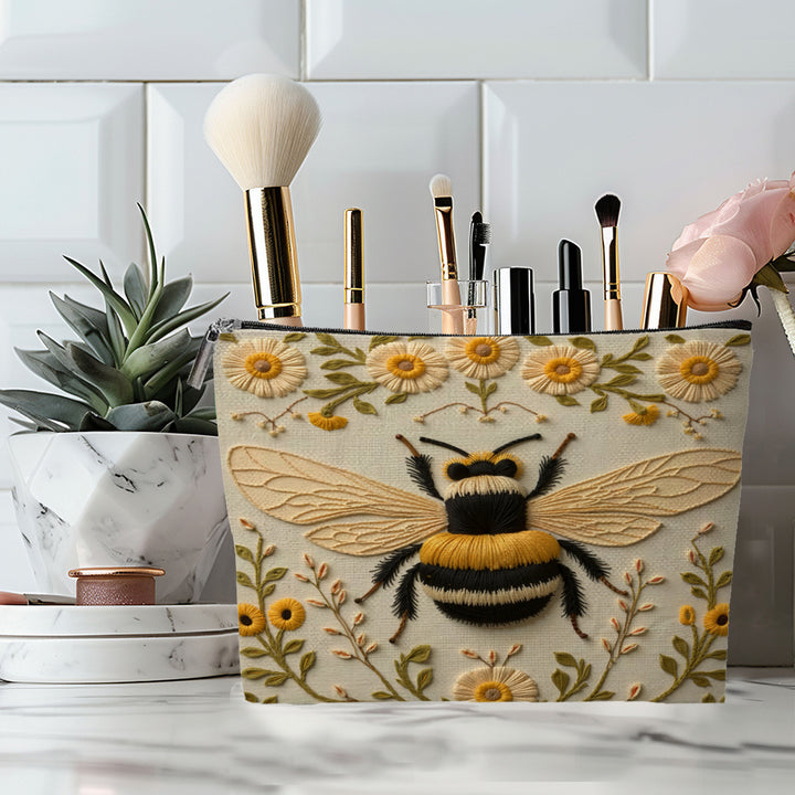 Embroidered Owl Textured Makeup Pouch With Zipper And Water-Resistant Lining