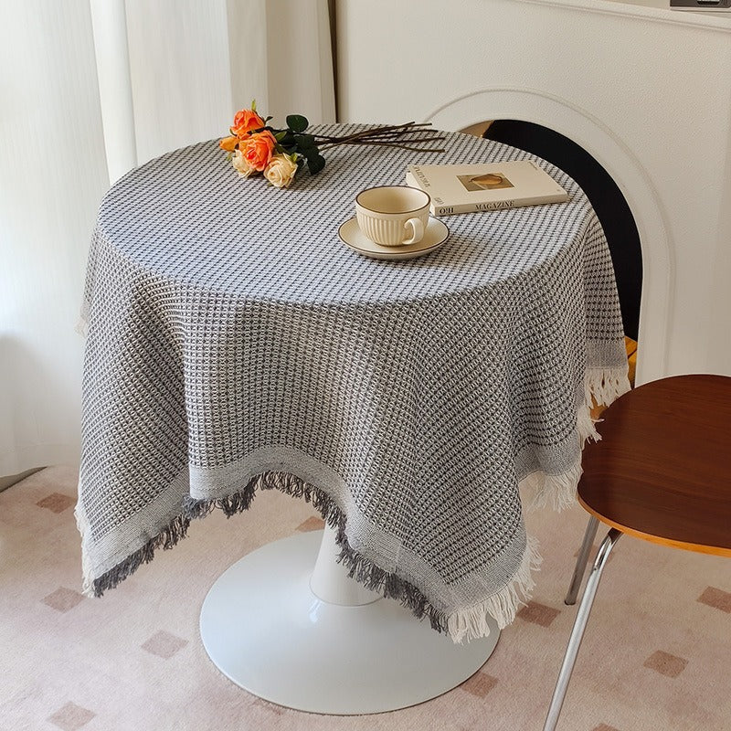 Round Textured Waffle-Weave Fringe Tablecloth with Tassel Edge
