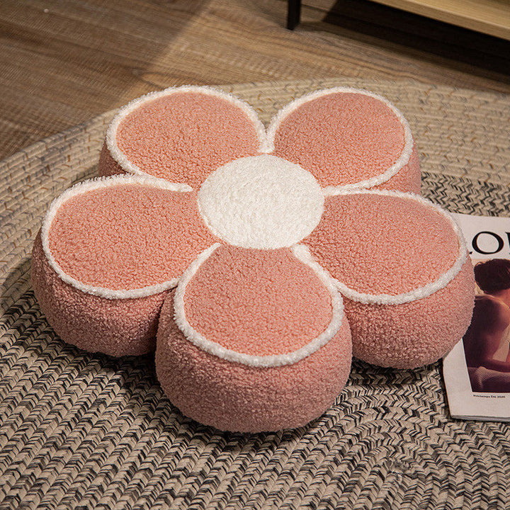 Padded seat cushion in flower shape with faux leather center piece and fluffy edge padding