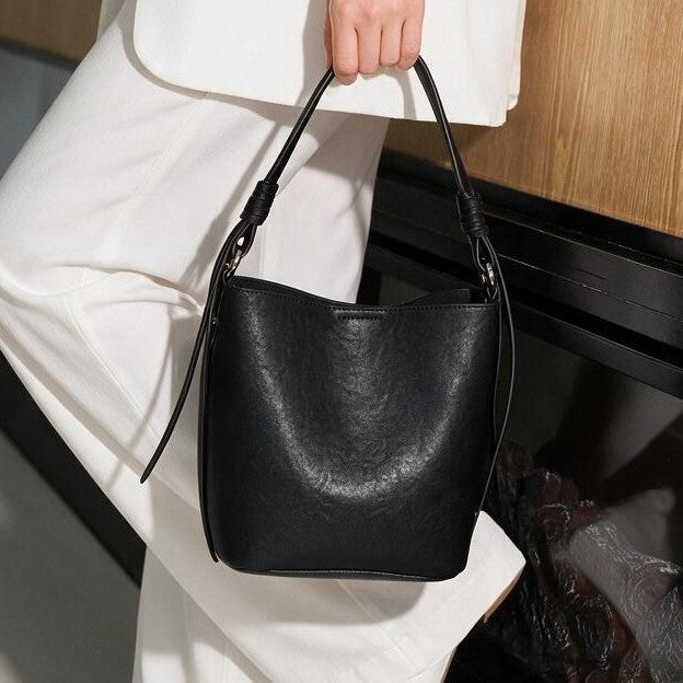 Structured Leather Shoulder Bucket Bag with Knotted Strap